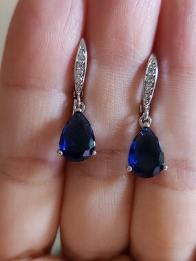 New 925 Silver Pear Cut Blue Sapphire Diamond Dangle Drop Hoop Earrings